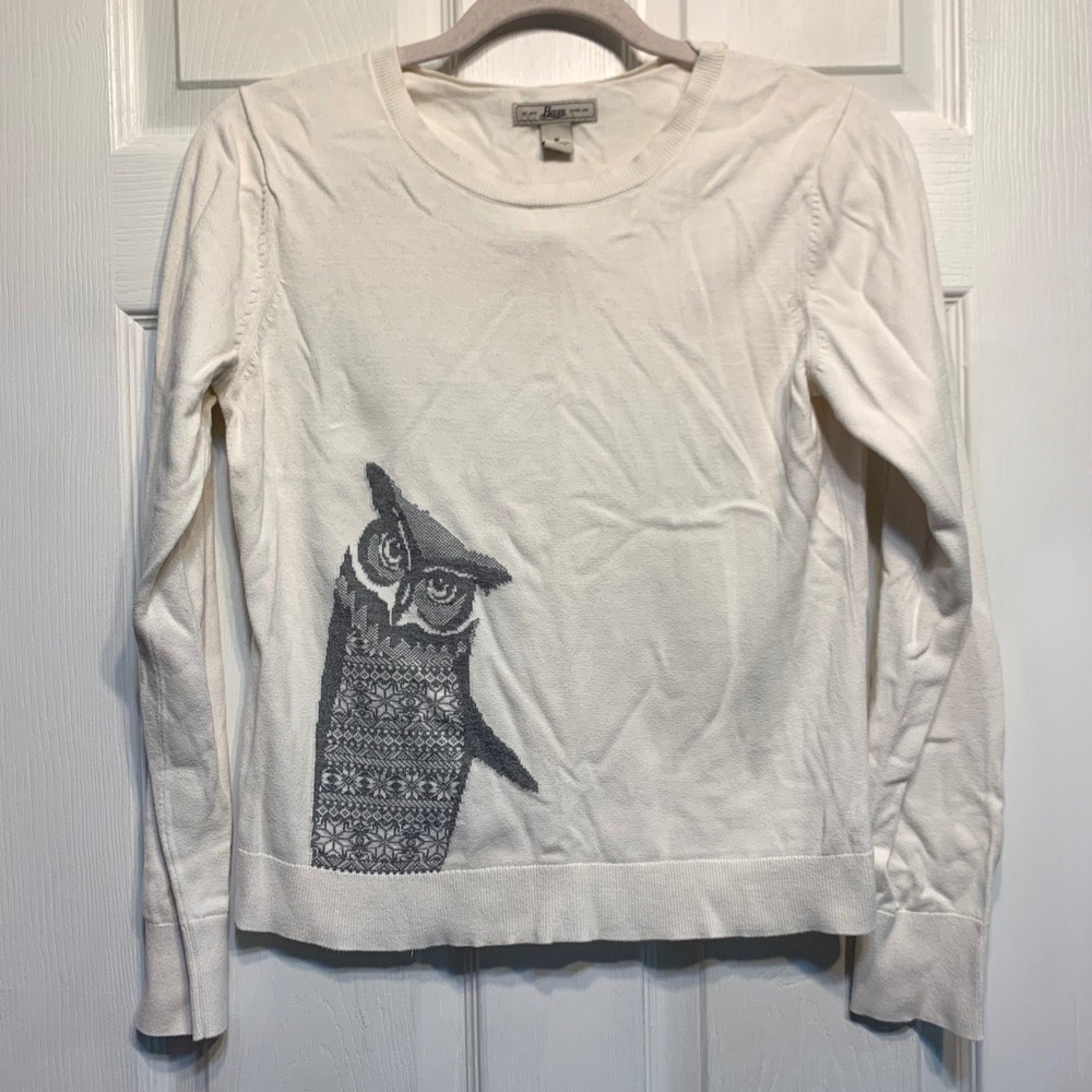 Bass Owl Graphic Sweater Size Medium White Cotton Fair Isle Intarsia Crew Neck